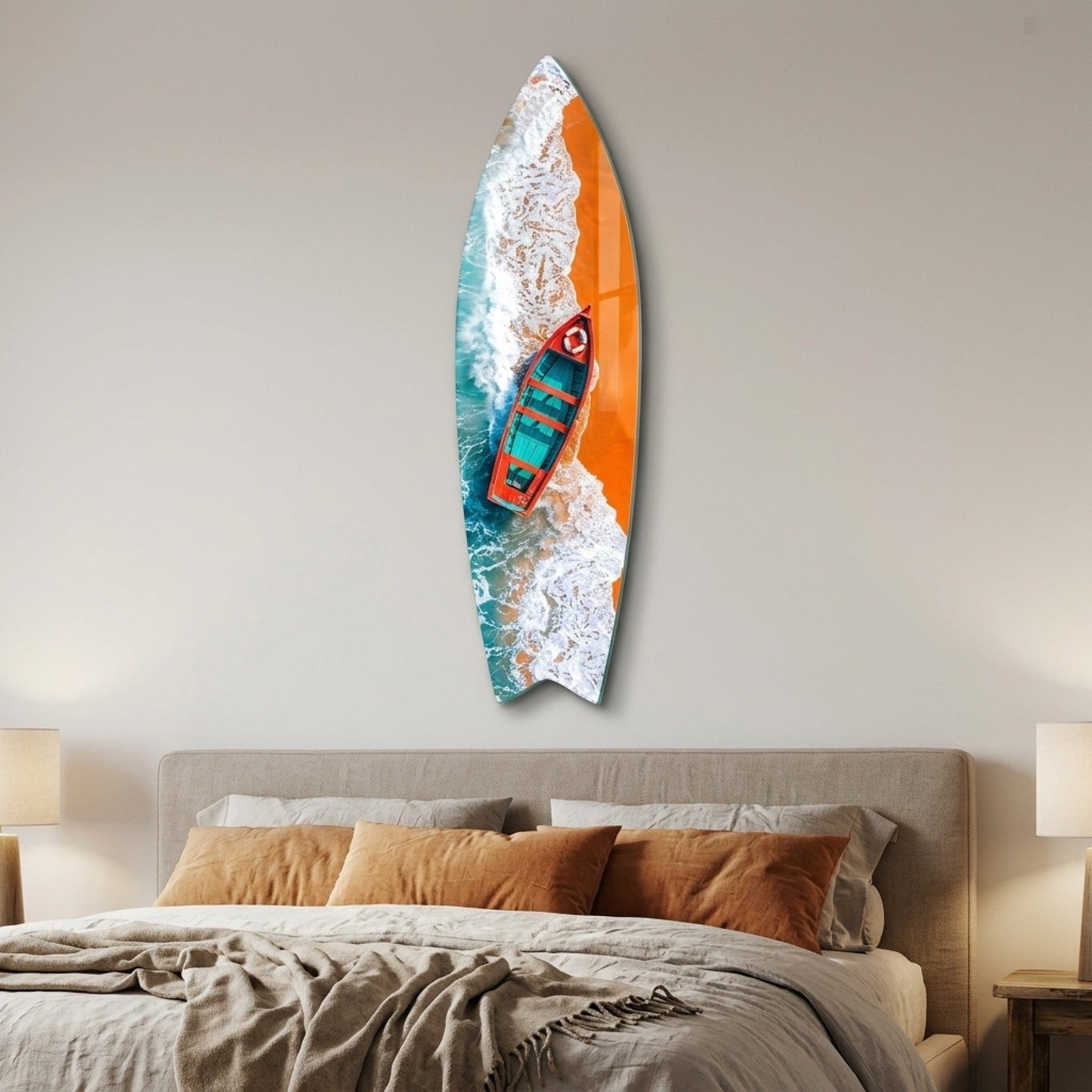 turkuaz-dalgalar-kirmizi-tekne-surf-board-cam-tablo