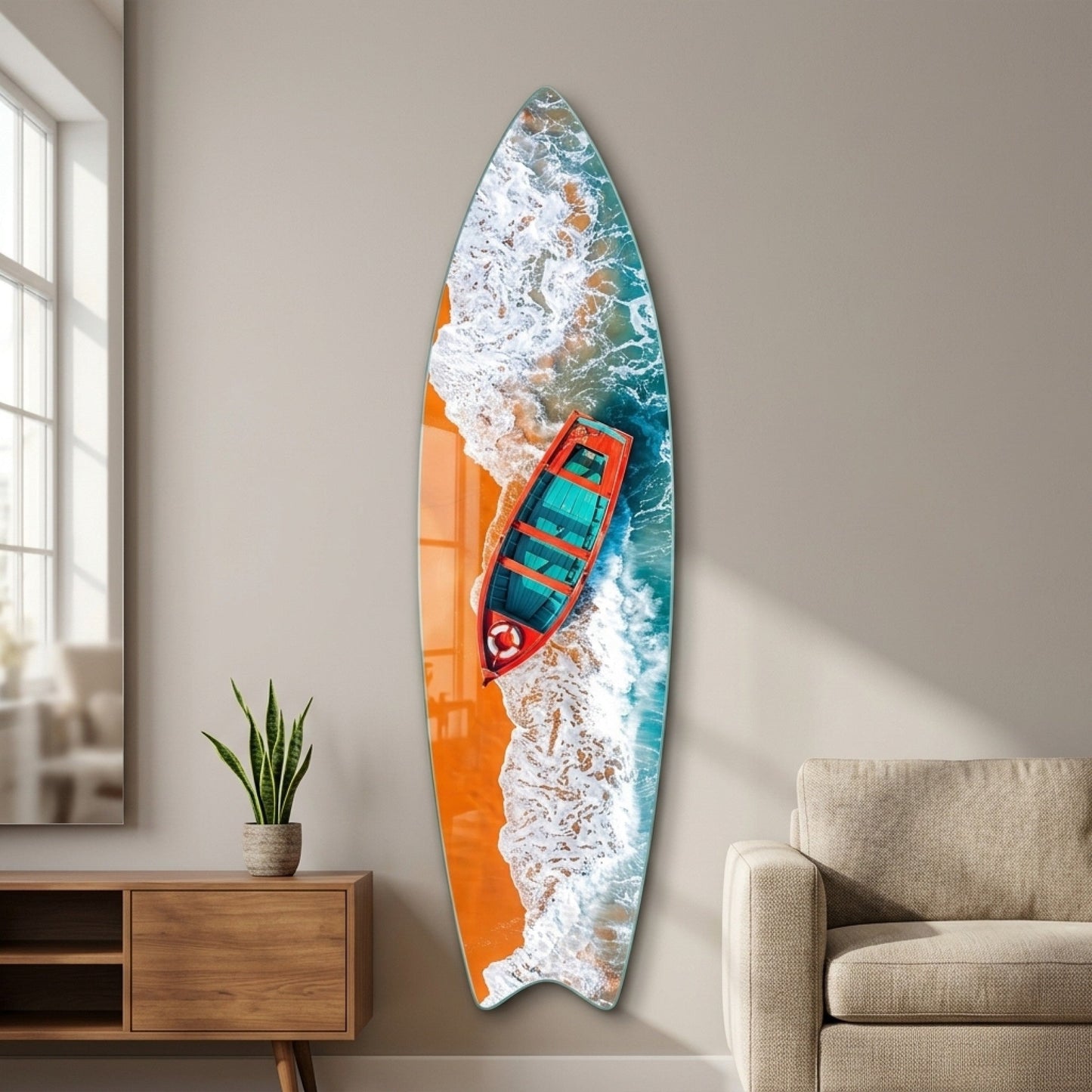 turkuaz-dalgalar-kirmizi-tekne-surf-board-cam-tablo