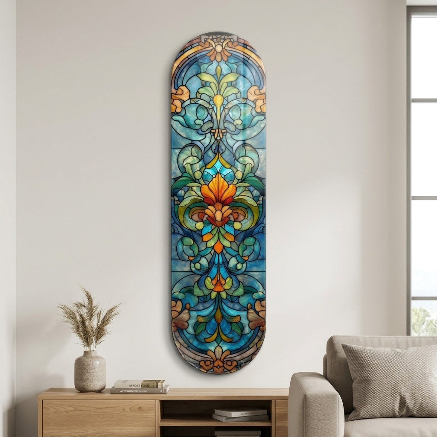 klasik-vitray-cicek-desenli-skate-board-cam-tablo